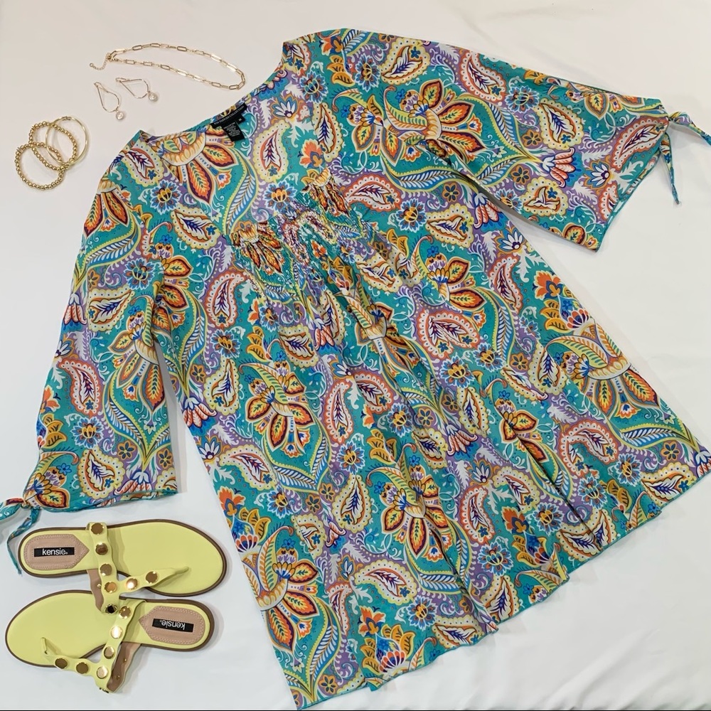 Kim Parrish Collection Turquoise Paisley Tunic, Square Smocked Neck, M EUC